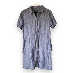 Tahari 100% Linen Button Down Short Sleeve Shirt Dress Pockets Sz M Blue Denim‌